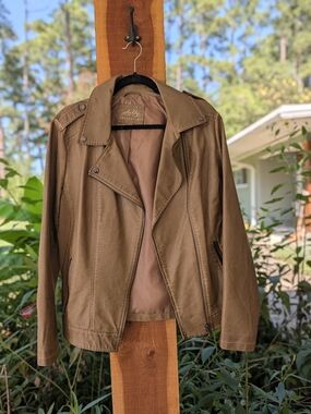Women's Tan "Leather" Moto Jacket - Casual Zip Front